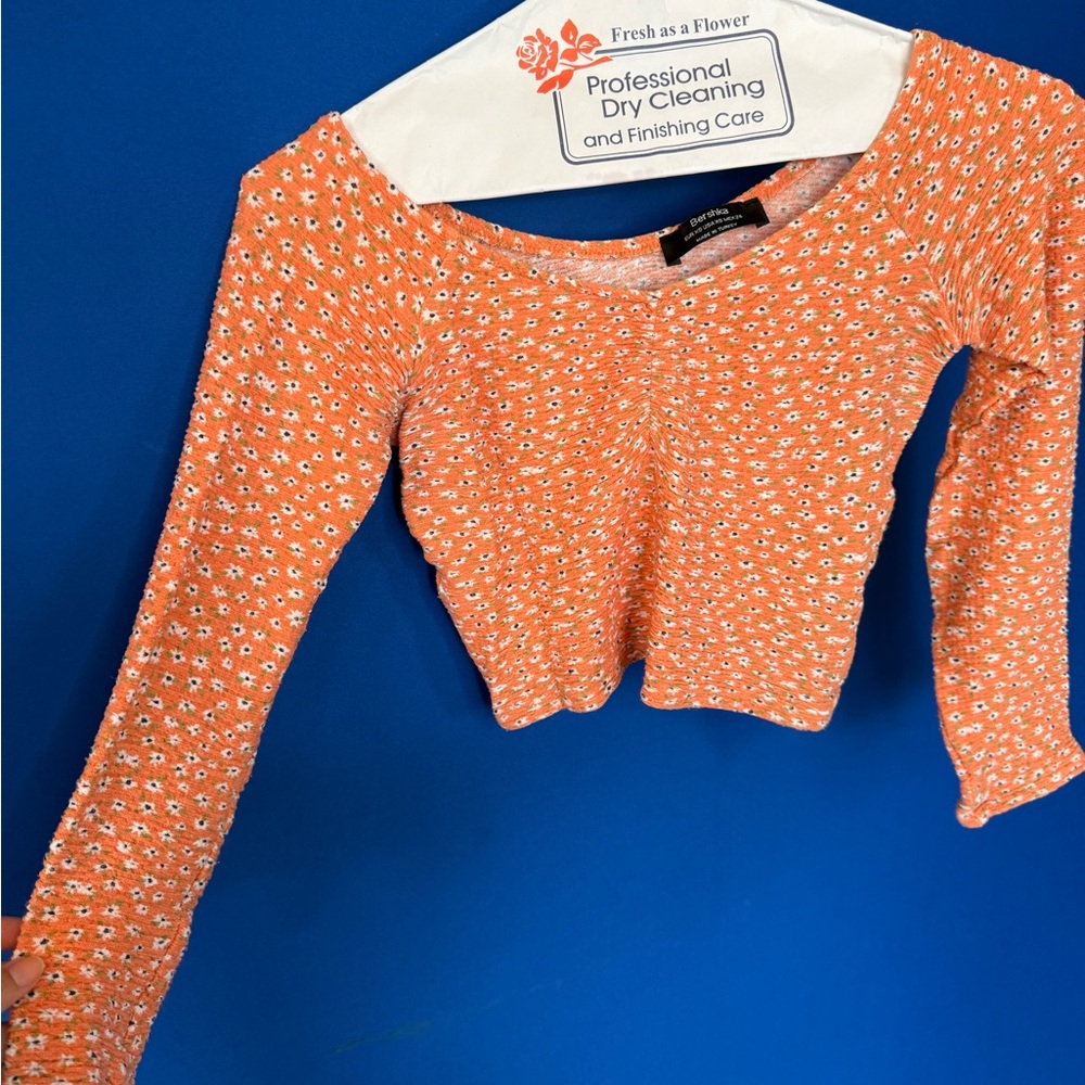 Bershka Orange Floral Long Sleeve Tank Top